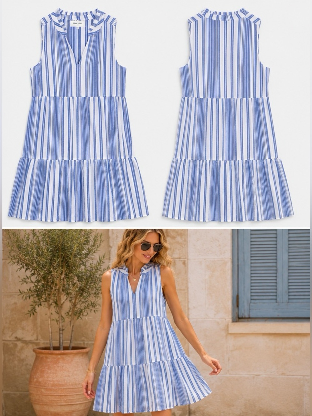 Dear John Samina Striped Tiered Mini Dress Blue White Linen Blend S
